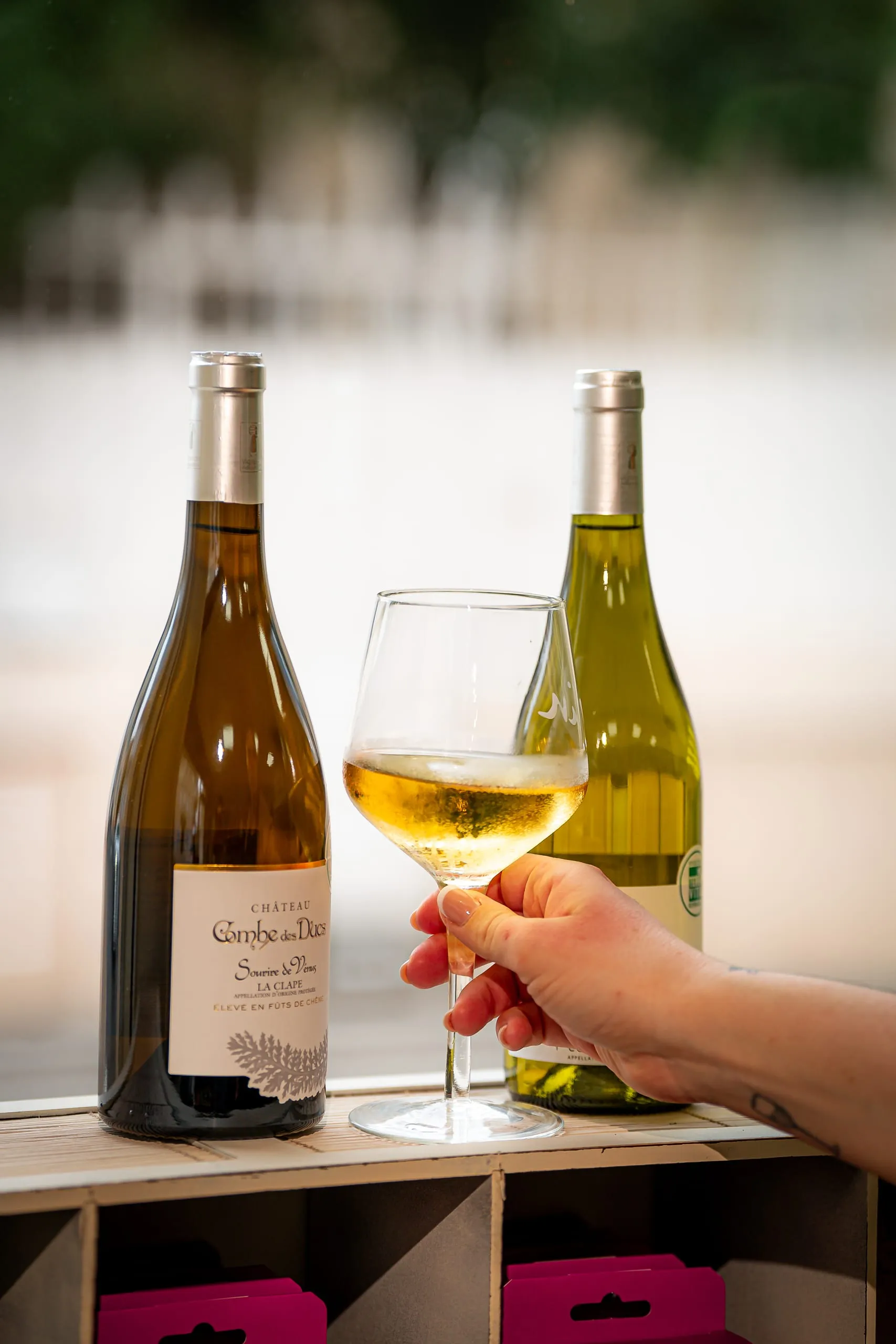 Main tenant un verre de vin blanc devant deux bouteilles